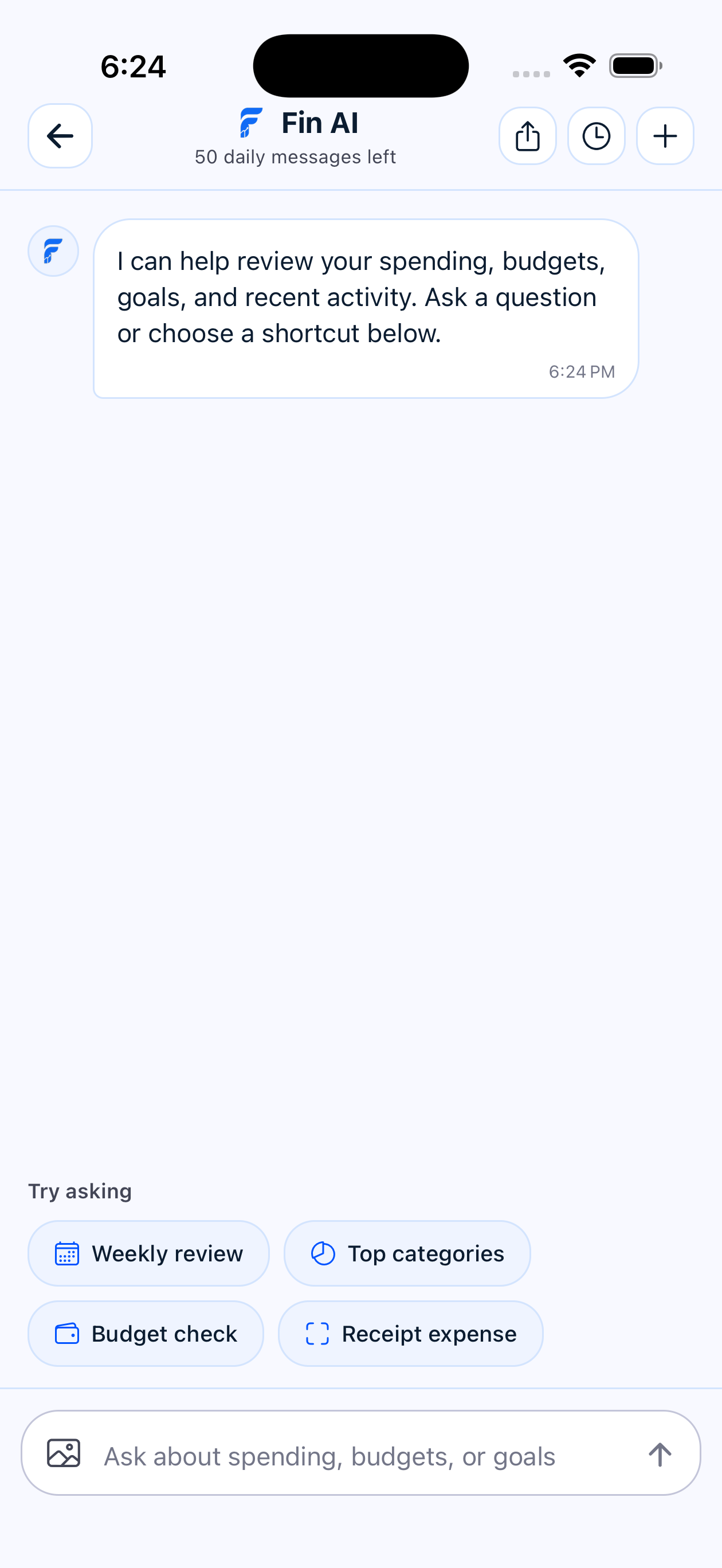 Fin iPhone AI chat with suggested finance questions
