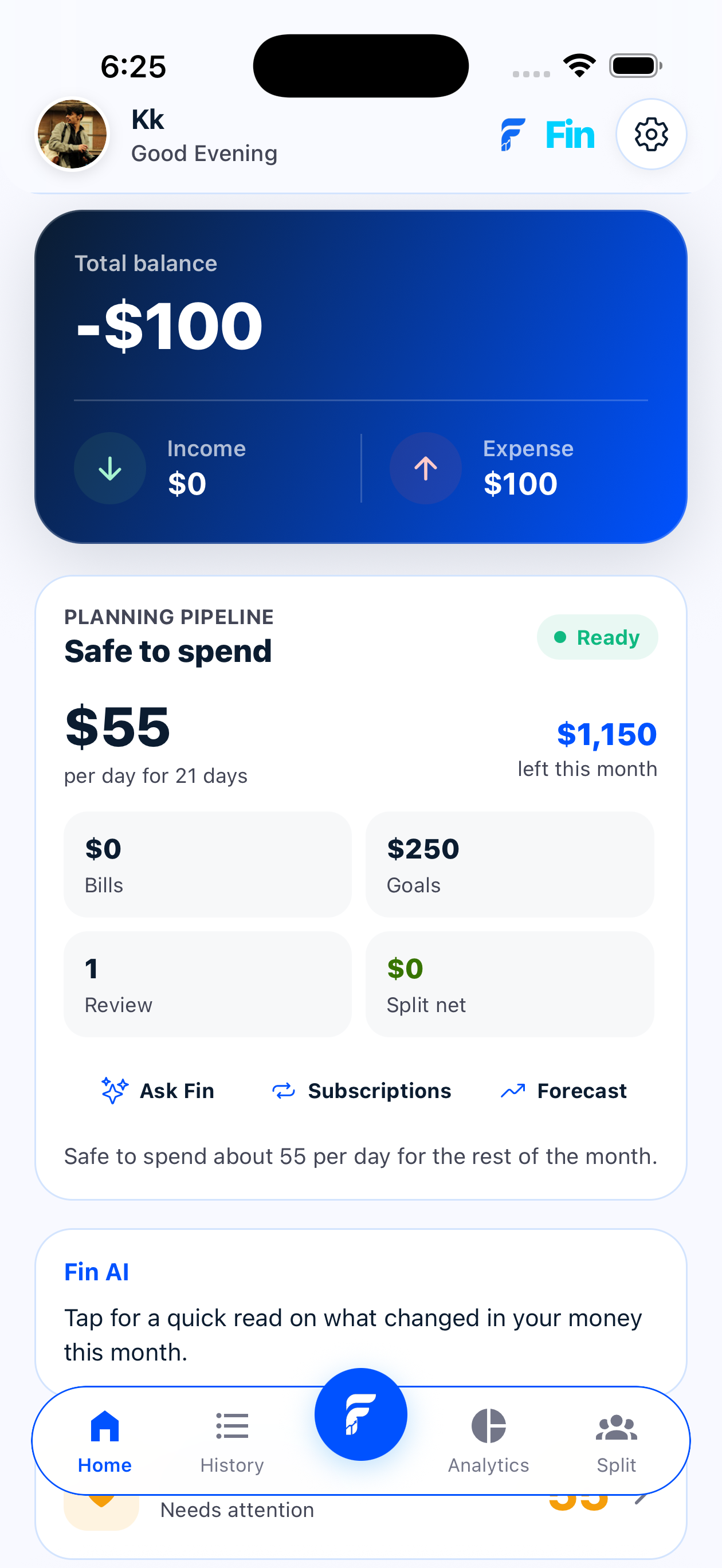 Fin iPhone dashboard with safe-to-spend, balance, AI insight, goals, and recent transactions